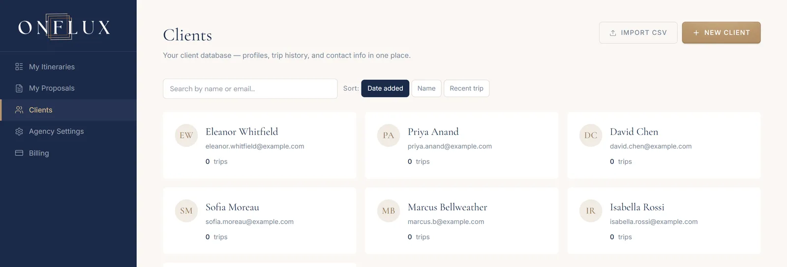 The clients dashboard. Every client profile and trip history in one place