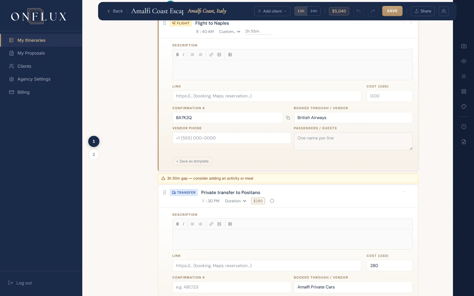 The Onflux builder — editing a richly-detailed itinerary item