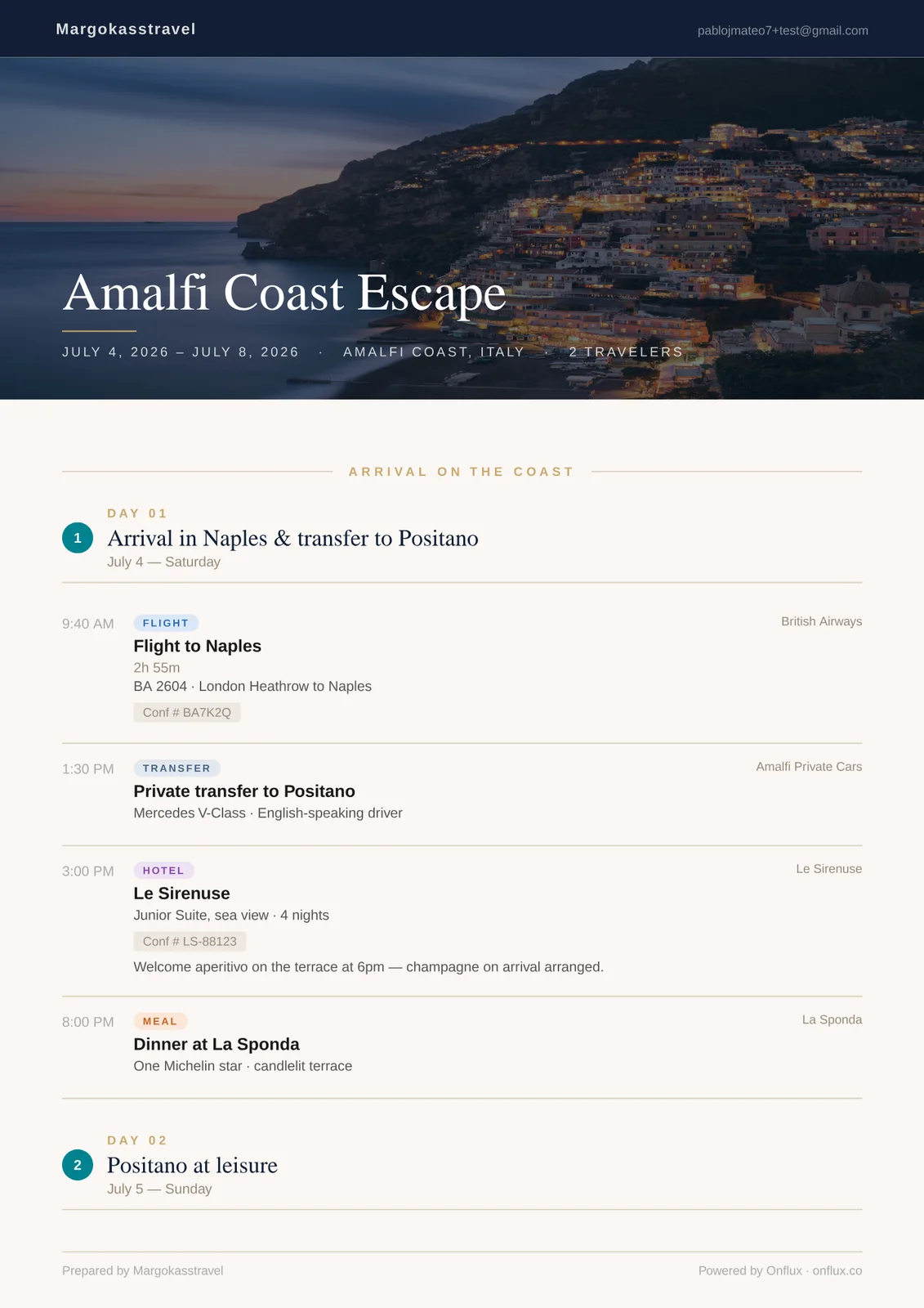 The exported PDF itinerary