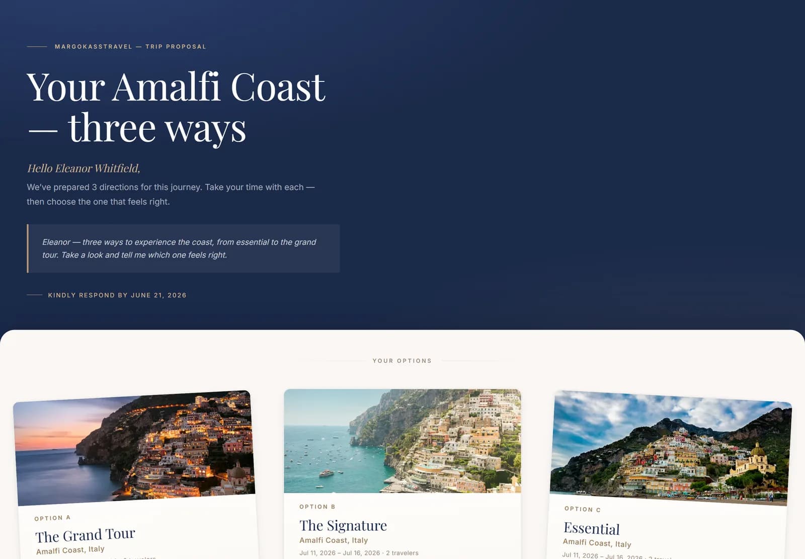A client-facing proposal — three trip options to compare and approve